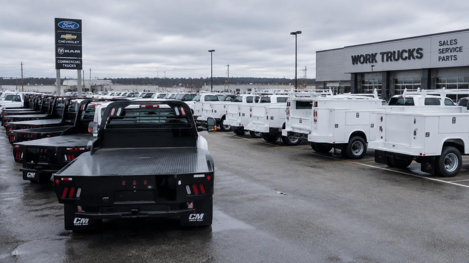 Dealer lot lined with work trucks fitted with CM flatbeds and service bodies